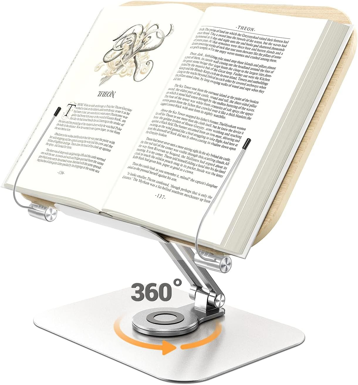 Book Stand for Reading, 360&deg;Rotating Adjustable Book Holder with Upgrade Page Clip, Ergonomic Multi Heights Angles Foldable Desktop Book Stand for Cookbook, Music Sheet, Laptop image number 4