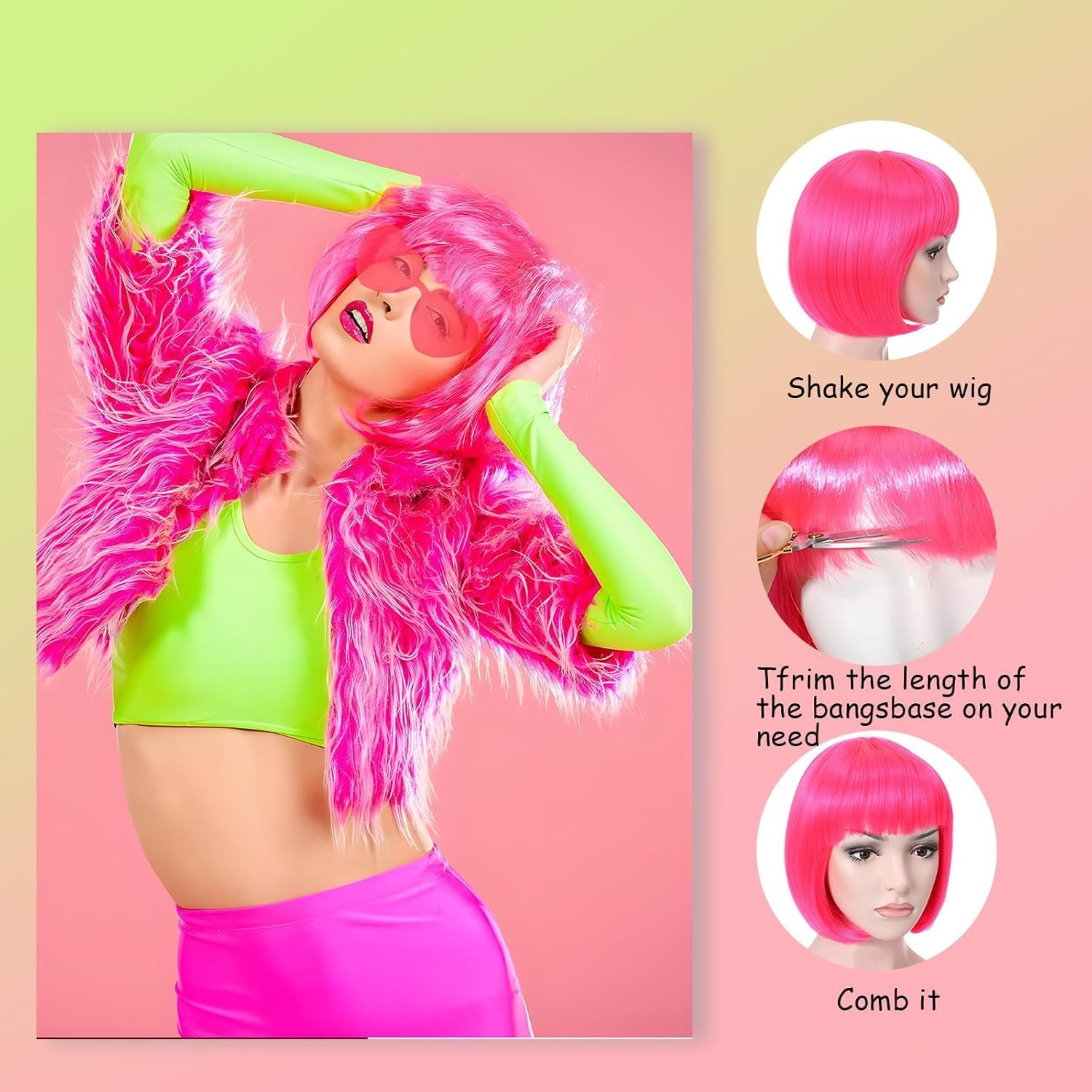 HENWUBEI Pink Bob Wig,Pink Wigs for Women with Double Heart Sunglasses and W-Ig Net Bag,Colourful Wig Perfect for Cosplay, Party, Hall-Oween,Fashionable and Comfortable image number 1