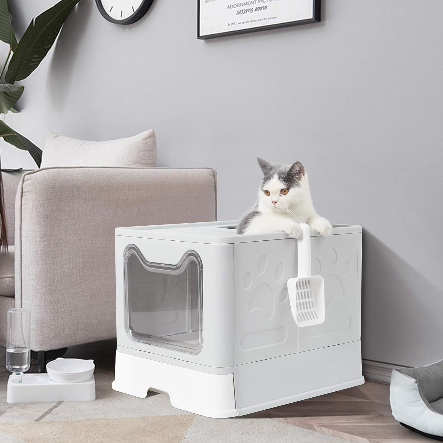 Bingopaw Cat Litter Tray Box: Foldable Top Entry Extra Large Cats Toilet with Lid - Hooded Kitten Litter Tray Easy Cleaning Drawer Design with Scoop Grey image number 1