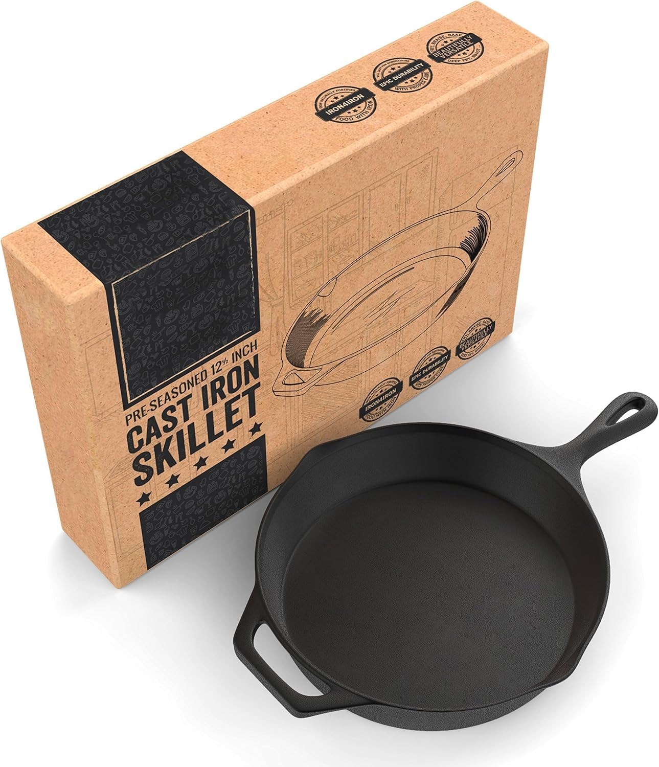 12" Frying Pans &ndash; Heavy-Duty Cast Iron Skillet and Deep Cast Iron Pan (2.5" Deep) &ndash; Pre-Seasoned Nonstick Surface for Searing, Baking, Saut&eacute;ing &ndash; Ideal for Indoor & Outdoor Cooking image number 2