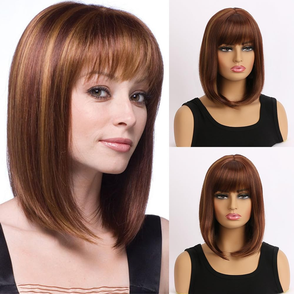 AUBWIG Mixed Brown Bob Wig with Fringe, 15 Inches, Natural Short Straight Wigs for Women, Medium Length Bob Hair, Synthetic Wigs for Daily Use (Mixed Brown #03B) image number 6