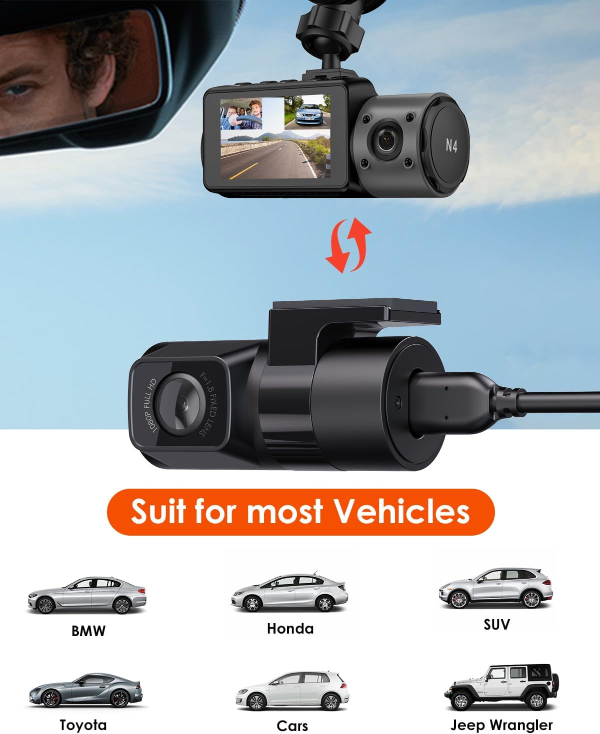 Vantrue N4（2023） 1080P Adjustable Rear Camera with 6M Cable, 170&deg; Wide Angle View, Fit for Most Cars SUV, Pickup, Truck, Jeeps Minivan and Sedans image number 2