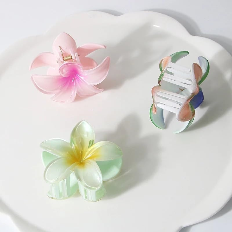 Hair Claw Clips 8Cm New Large Size Pearlescent Sweet Gradient Acrylic Plumeria Flower Hairpin Shark Clip Hairpin Hair Accessory image number 5