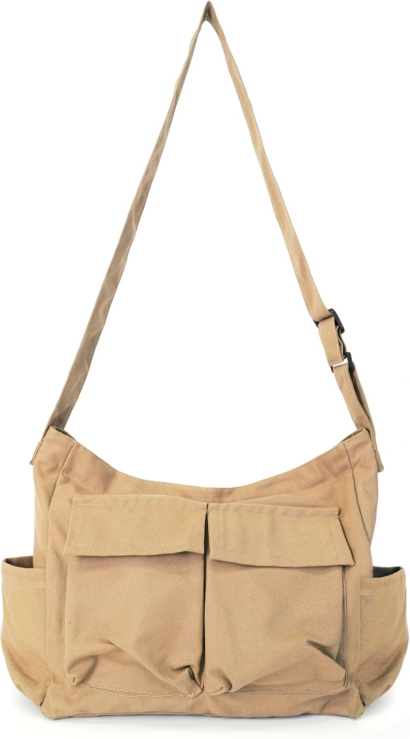Women Men Crossbody Shoulder Bag Large Hobo Bag with Multiple Pockets Canvas Messenger Tote Bag for Women and Men
