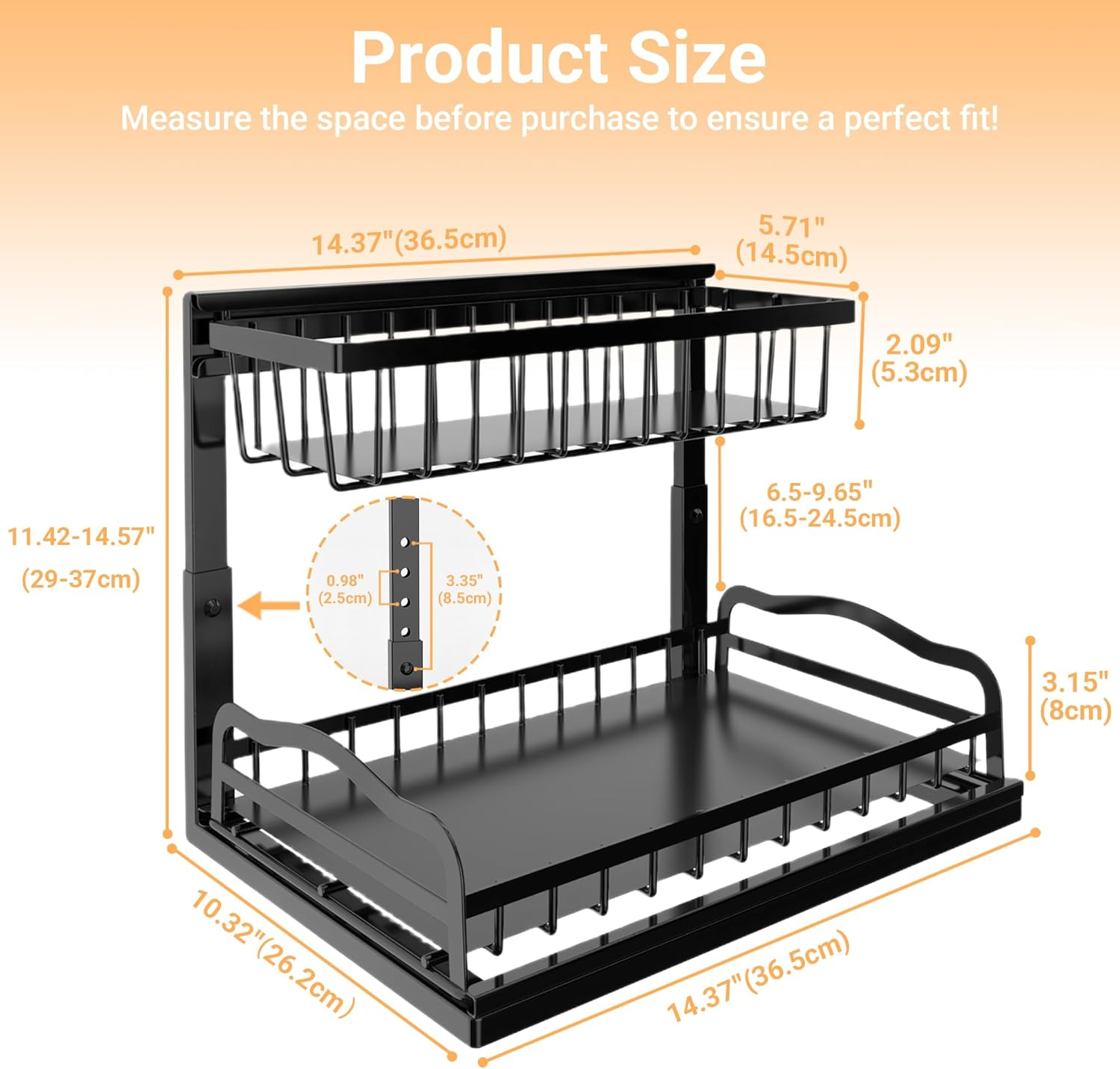 Acemining under Sink Organizer, 2 Pack Pull-Out under Cabinet Organizer, 2 Tier under Sink Storage with Sliding Basket, L-Shaped and Adjustable Height Design for Kitchen and Bathroom image number 2