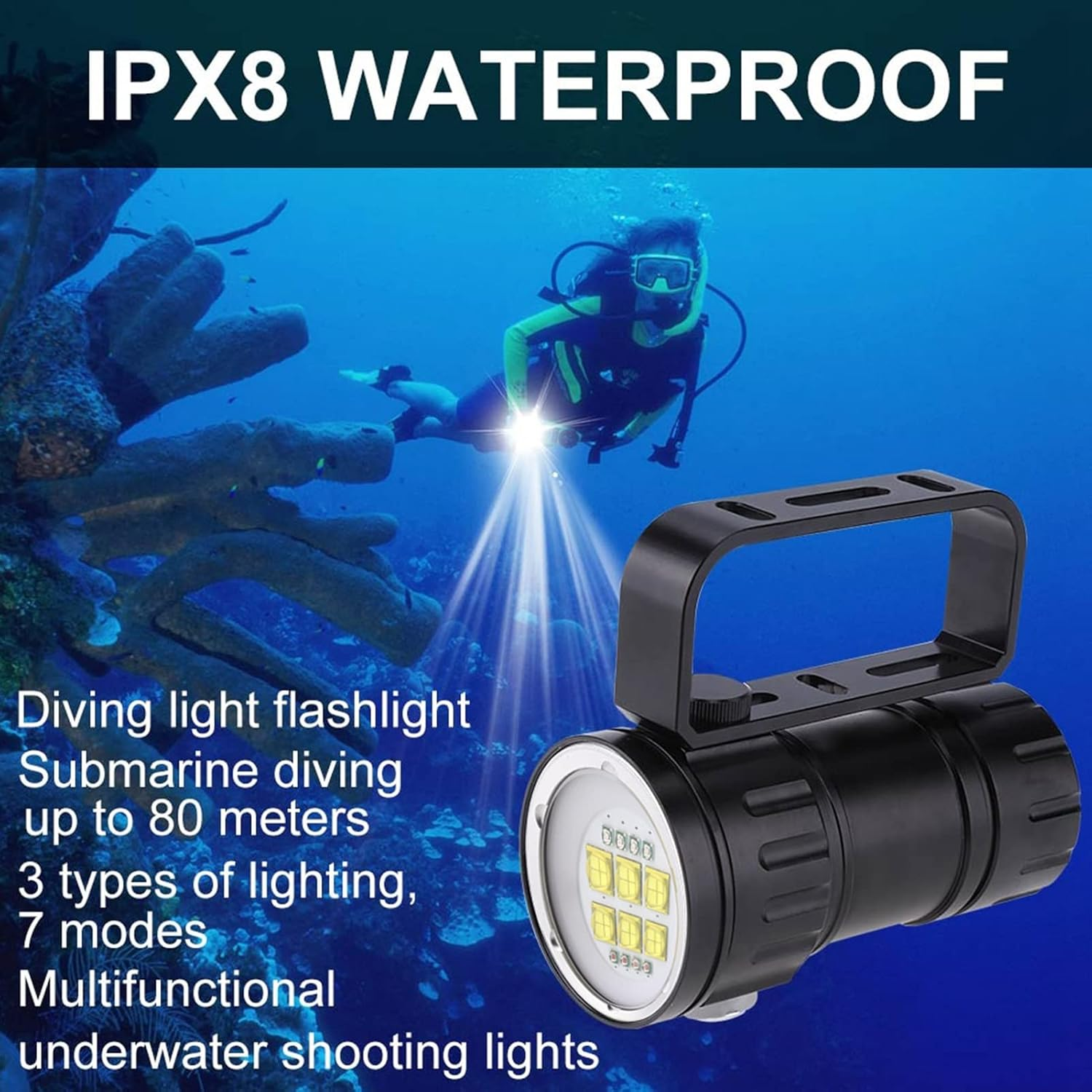 Diving Flashlight, 28800 IPX8 Dive Lights, 80M Underwater Waterproof Diving Torch Flashlight, LED Submersible Lights for under Water Sports, Fill Light Dive Photography image number 5