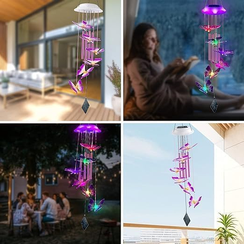 Purple Butterfly Solar Wind Chimes, Valentines Day Gifts for Him, Glowing Top Color Changing Moblie LED Wind Chime for Outside, Outdoor Home Party Garden Decor Light