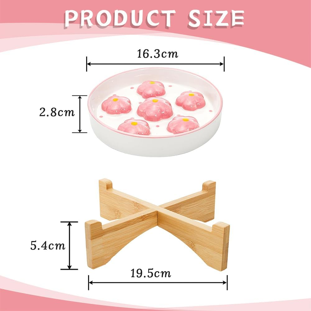 Ceramic Slow-Feed Cat Bowl with Bamboo Stand, Non-Slip Base, Comfortable Feeding, Easy to Clean, Clean and Hygienic, Can Hold Dry Food and Water (Hand-Painted Pink Flowers)