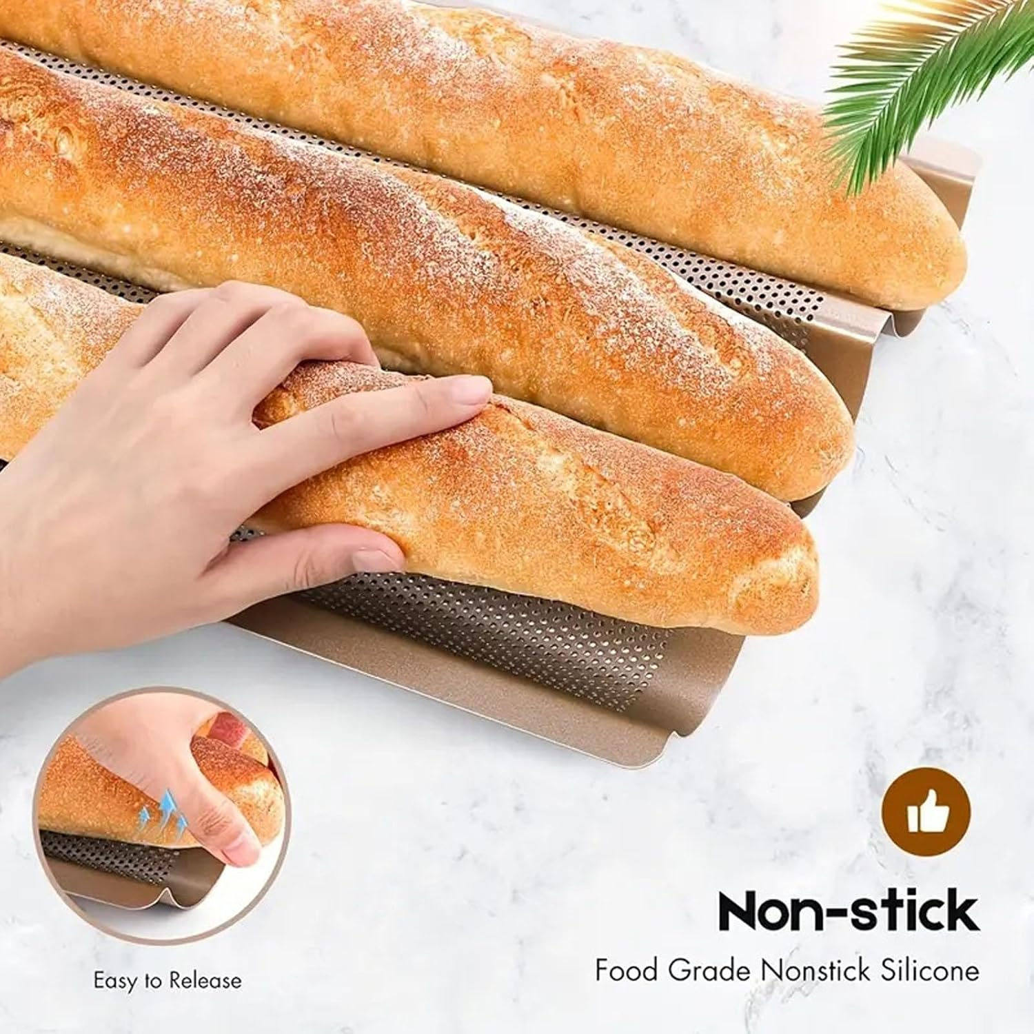 Nonstick Perforated Baguette Pan - 15" X 11" French Bread Baking Pan with 3 Wave Loaves, Perfect for Oven Toaster, Baking Mold, and Cooking Bakers - Durable Non-Stick Surface image number 1