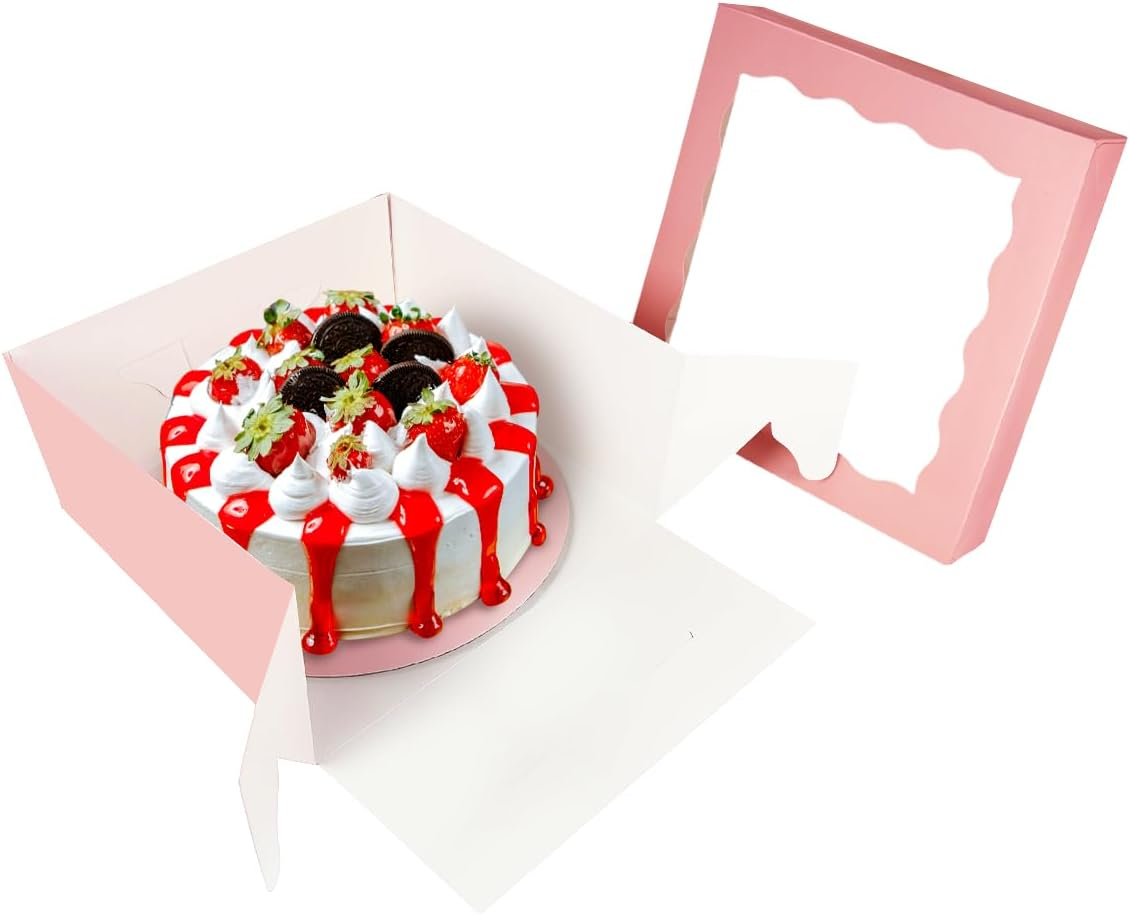 Qiqee 12X12X8 Inch Cake Box, 5 Sets Pink Cake round Boards ＆ 5 Sets 12 Inch Pink Cake Box with Window, Cake Containers(30.48X30.48X20.32Cm) image number 3