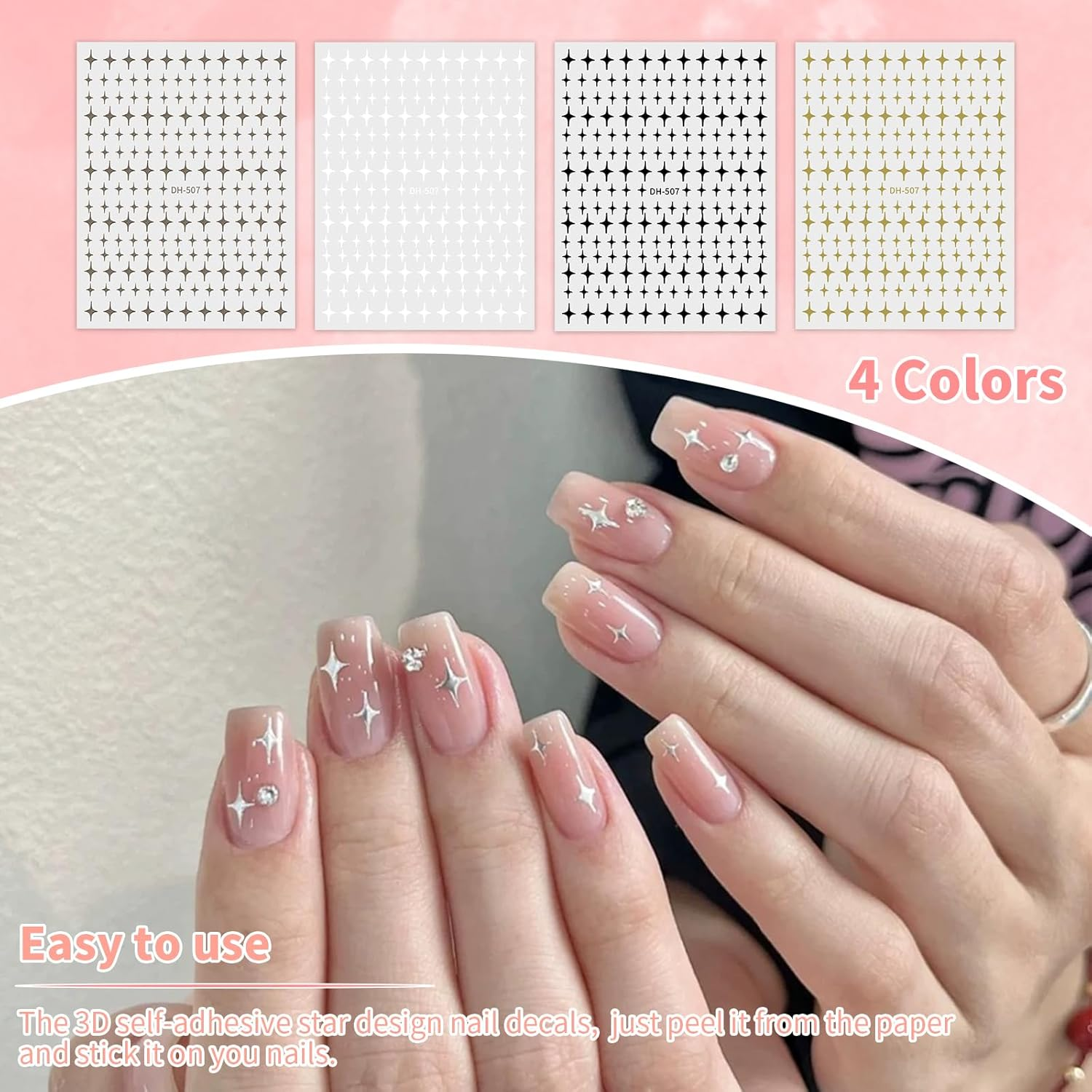 Aymorder Nail Art Stickers, 16 Sheets, Multicolor Star Pattern, Resin Material, Retro Modern Style, Self-Adhesive, Perfect for Nail (Keratin) Decoration