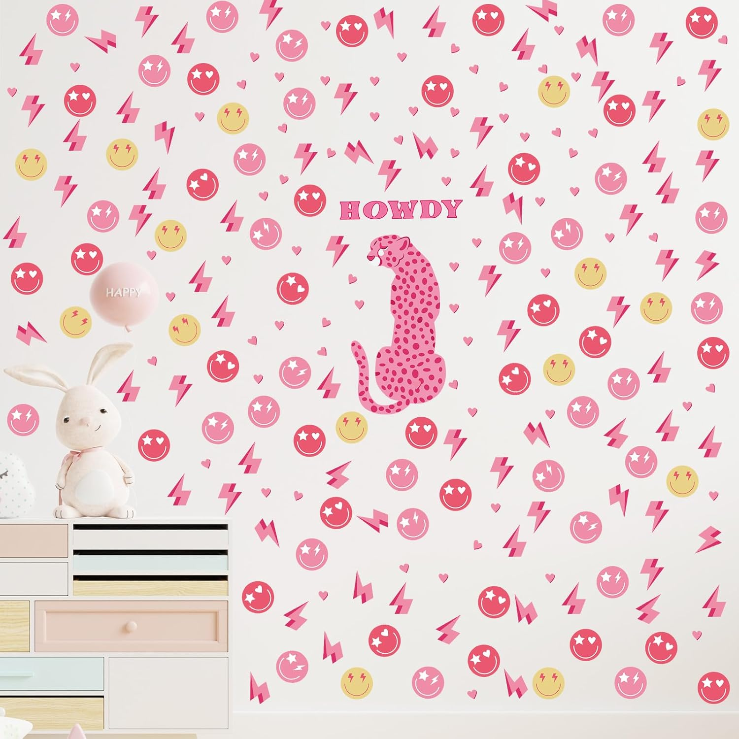 Kisston 9 Sheets Preppy Pink Wall Decal Hot Aesthetic Howdy Smile Face Lightning Vinyl Wall Decals Pink Cheetah Murals Decal for College Students Girls Pink Dorm Bedroom Living Room Nursery Decoration - Bright image number 5