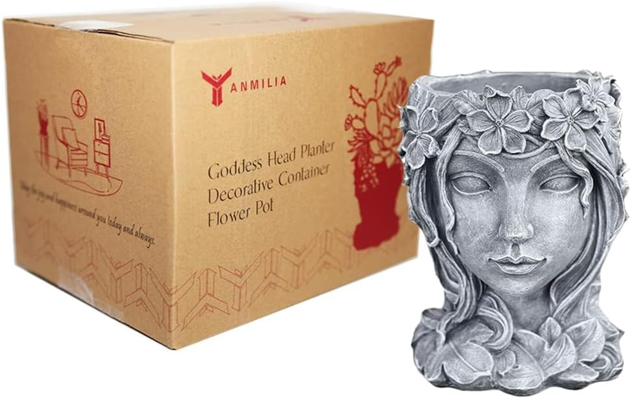YANMILIA Head Planter Face Flower Pot Goddess Statue Planter Decorative Girl Portrait Planter Indoor Outdoor Girl Face Flower Vase Container Planter (Gray)