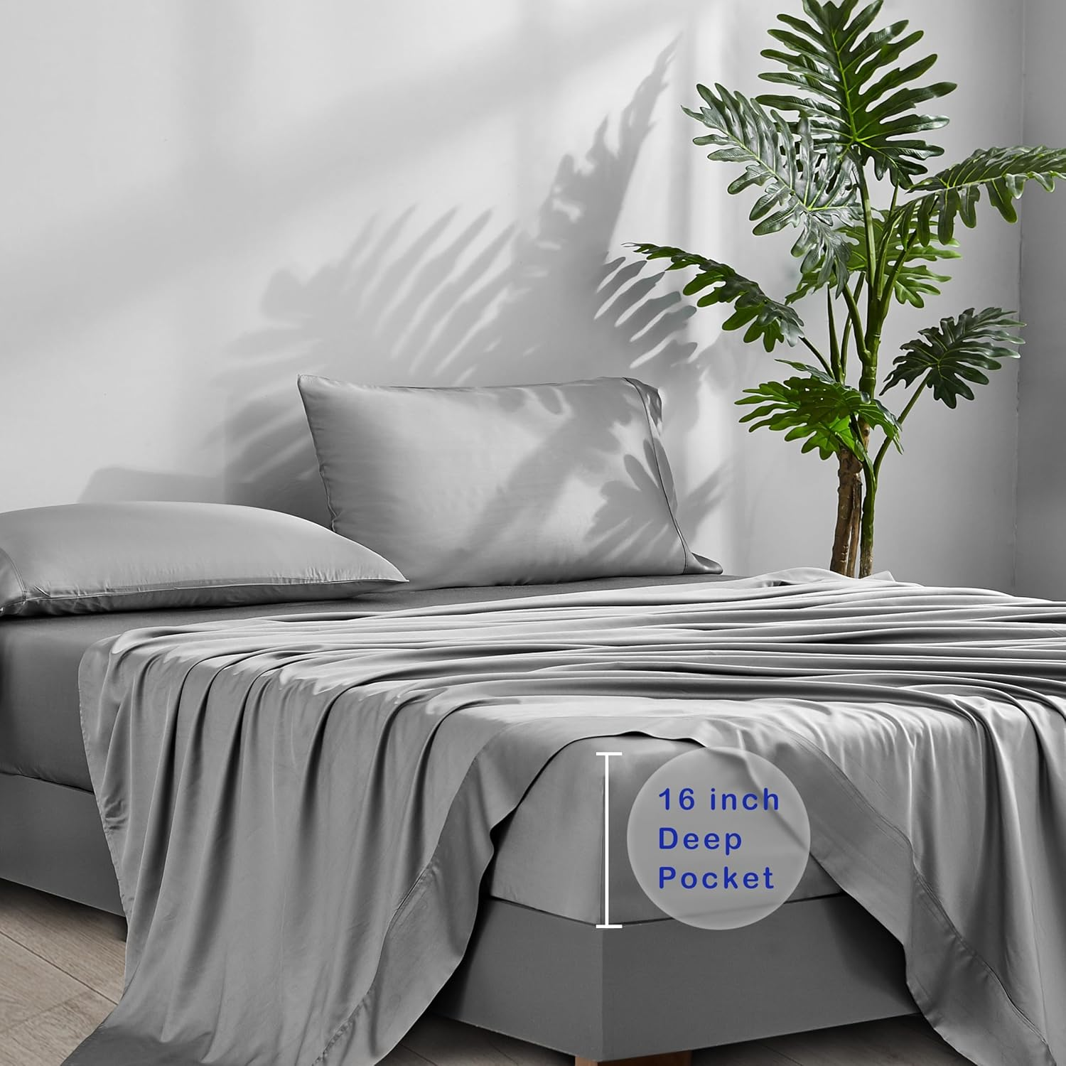 ACCURATEX Bamboo Sheets King Size- 100% Viscose Made from Bamboo, Luxury Hotel Style Cooling Sheet Set for Hot Sleepers, Super Soft Breathable Bedding Sheets up to 45 CM Deep Pockect,King Siz,Grey image number 4