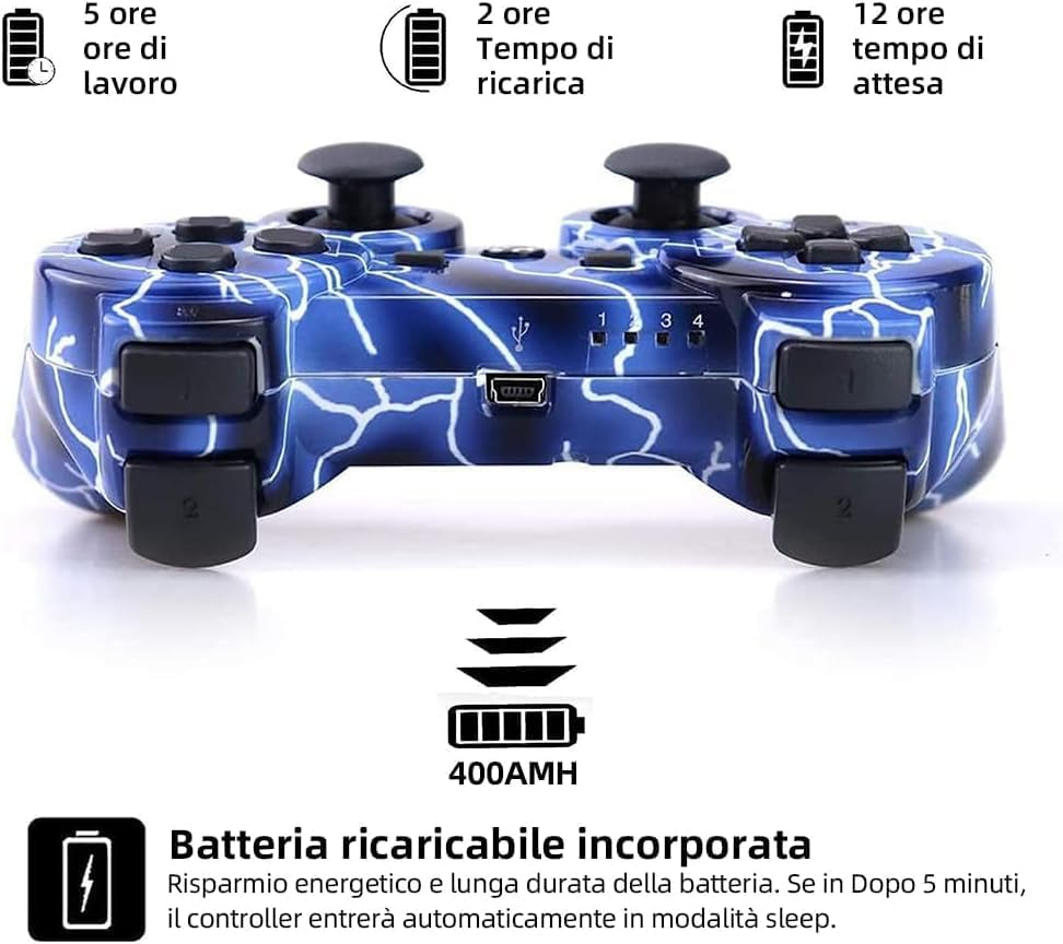 PS3 Gaming Controller, Wireless Move/Motion Controller Gamepad with Upgraded Joystick Compatible with Play Station - 3 (Blue Lightning and Red Starry Sky)