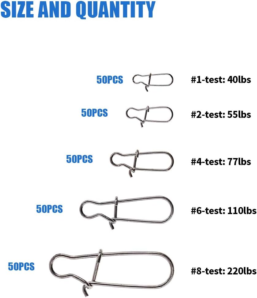 Glarks 250Pcs #1#2#4#6#8 Strong Stainless Steel Duo Lock Snaps Nice Swivel Slid Rings Fishing Lure Hook Connector Freshwater Saltwater Fishing Gear Accessories Assortment Kit - Test: 40LB-220LB image number 6