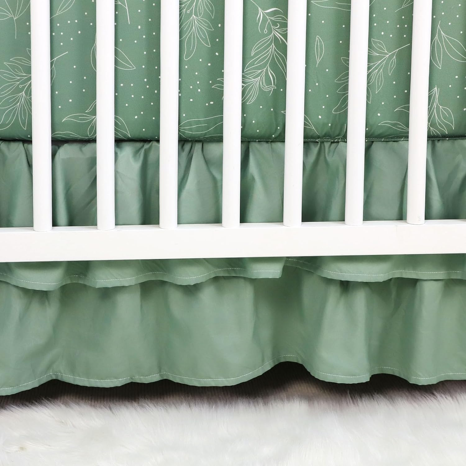 Green Leaf 4-Piece Crib Bedding Set, Baby Boy Bedding Crib Set, Neutral Nursery Bedding Set,Fitted Crib Sheet,Crib Skirt, Baby Quilt, and Diaper Stacker,Sage image number 2