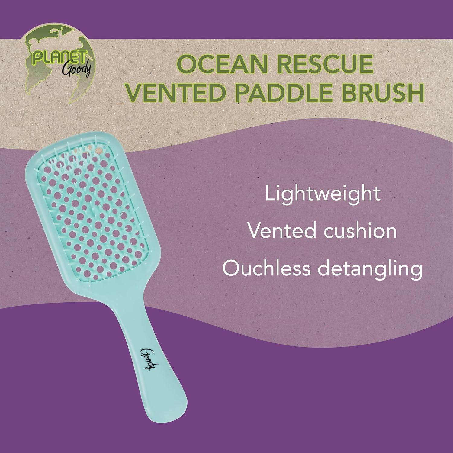 GOODY Planet Vented Paddle Brush,Teal - Detangler Comb for Thick,Curly & Fine Hair - Pain-Free Hair Accessories for Women,Men,& Kids - Removes Knots & Tangles - Ocean Rescue Recycled Plastic - Vented Paddle Black image number 6