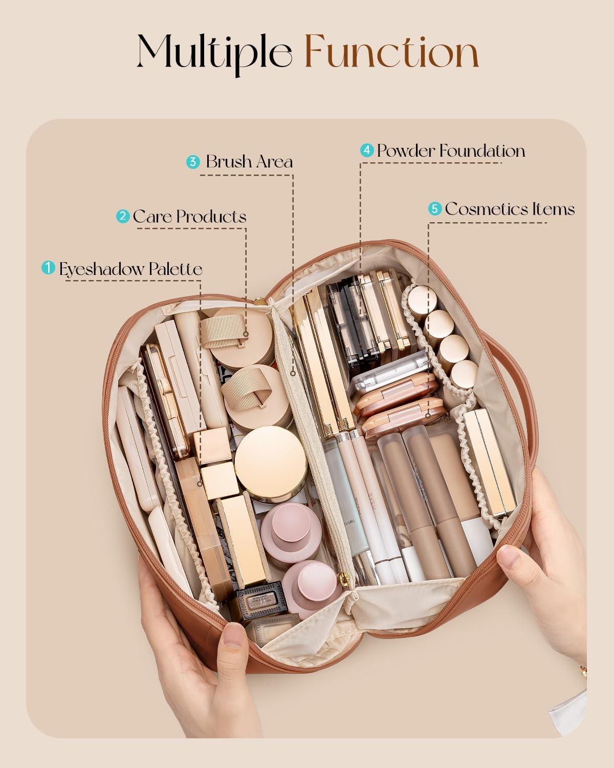 Vlando Travel Makeup Bag,Toiletry Bag for Women PU Leather Open Flat Make up Bag, 02.Brown, Open Flat image number 6