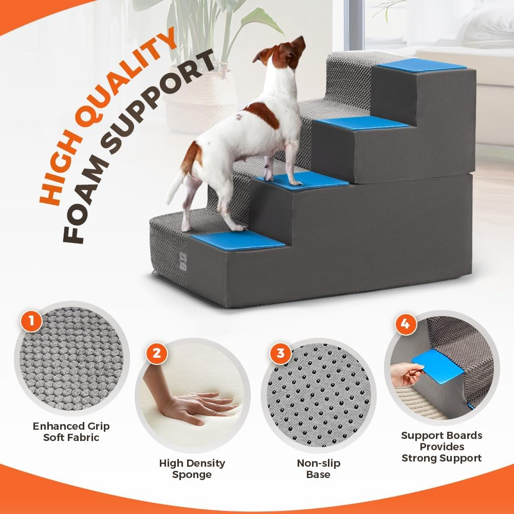 Petzly Dog Stairs for Bed, 4-Step 46CM Height Dog Steps for Small Dogs and Cats, High Density Foam Spliceable Pet Ramp, Non-Slip Balanced Dog Ramp Indoor, Grey image number 4