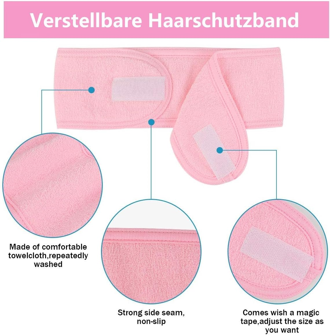 CUEMOON Pack of 3 Cosmetic Headband Terry Cloth Hair Band for Make Up, Adjustable Hair Protection Band with Fastening for Sports, Yoga, Washing, Spa image number 4