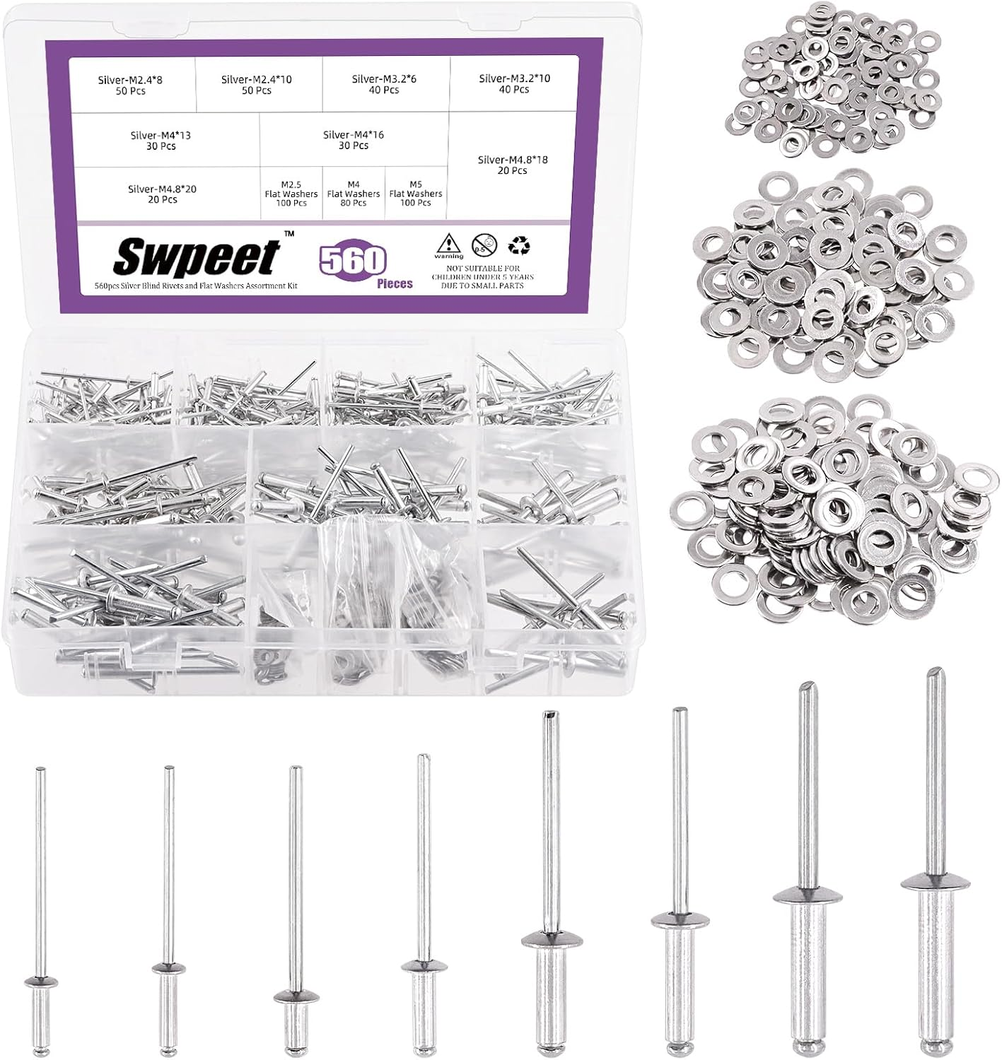 Swpeet 560Pcs Silver 3/32" 1/8" 5/32" 3/16" Pop Rivets Assortment Kit with Stainless Steel Backup Washers, Assorted Aluminum Blind Rivets with Divider Labeled Case for Storage