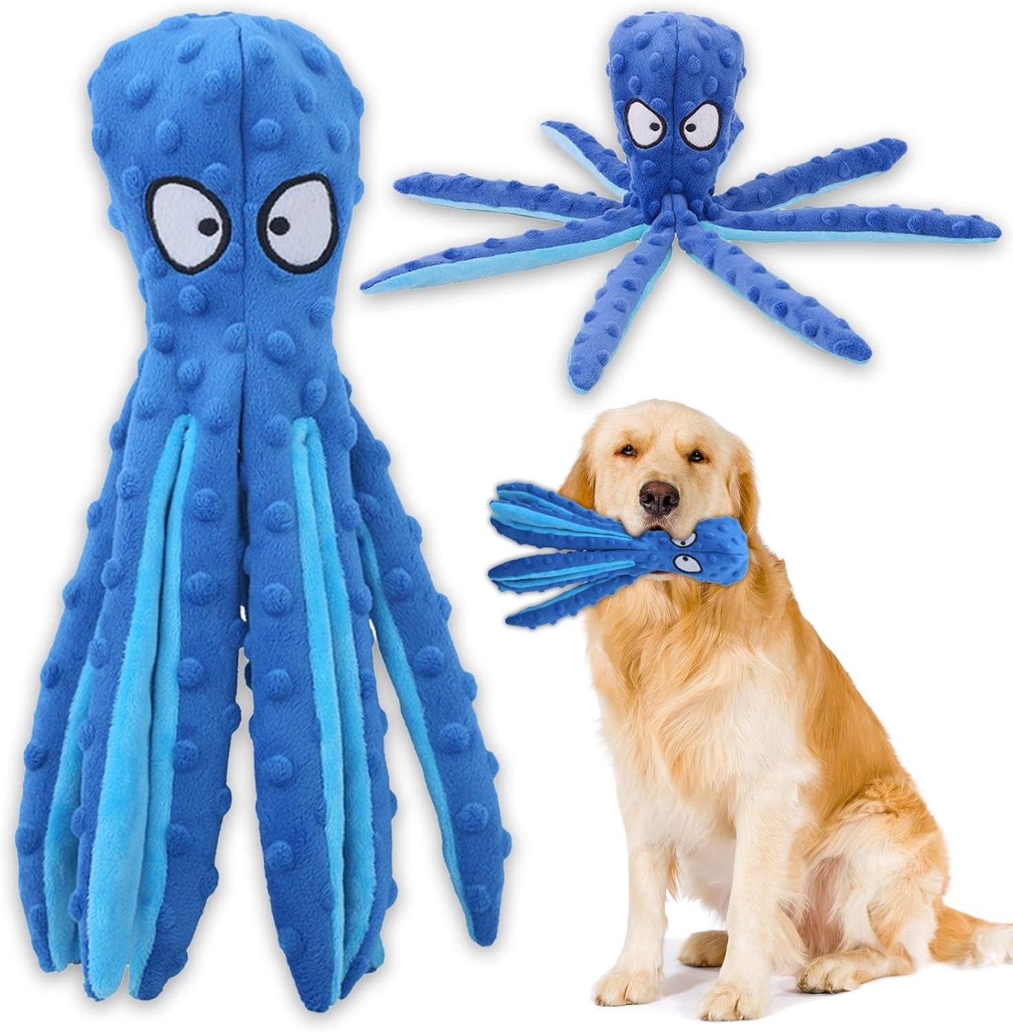 Dog Squeaky Toys，Octopus Interactive Play Toy，No Stuffing Plush Dog Chew Toy with Crinkle Paper for Medium and Large Dog Playing (Orange)
