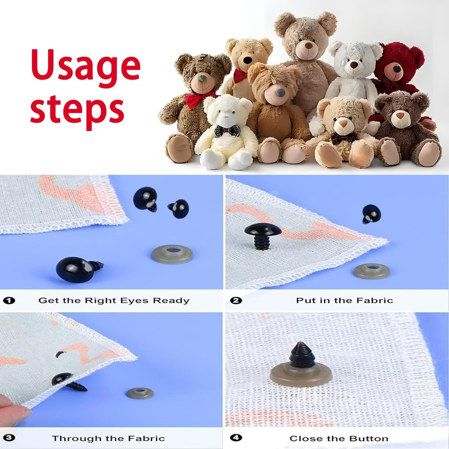 566 Handmade Doll Eye and Nose Accessory Set:Includes 300 Reinforcement Pads,180 Pairs of Safety Eyes,86 Noses for Teddy Bears,Plush Dolls and DIY Crochet Kits (Black) image number 5