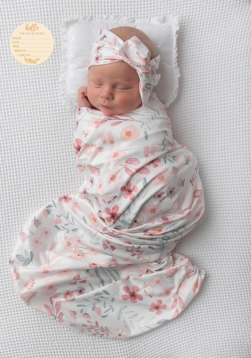 Newborn Floral Print Blanket Baby Stretch Wrap Swaddle Blanket Receiving Blanket with Matching Headband and Beanie (Small Flower and Leaf)