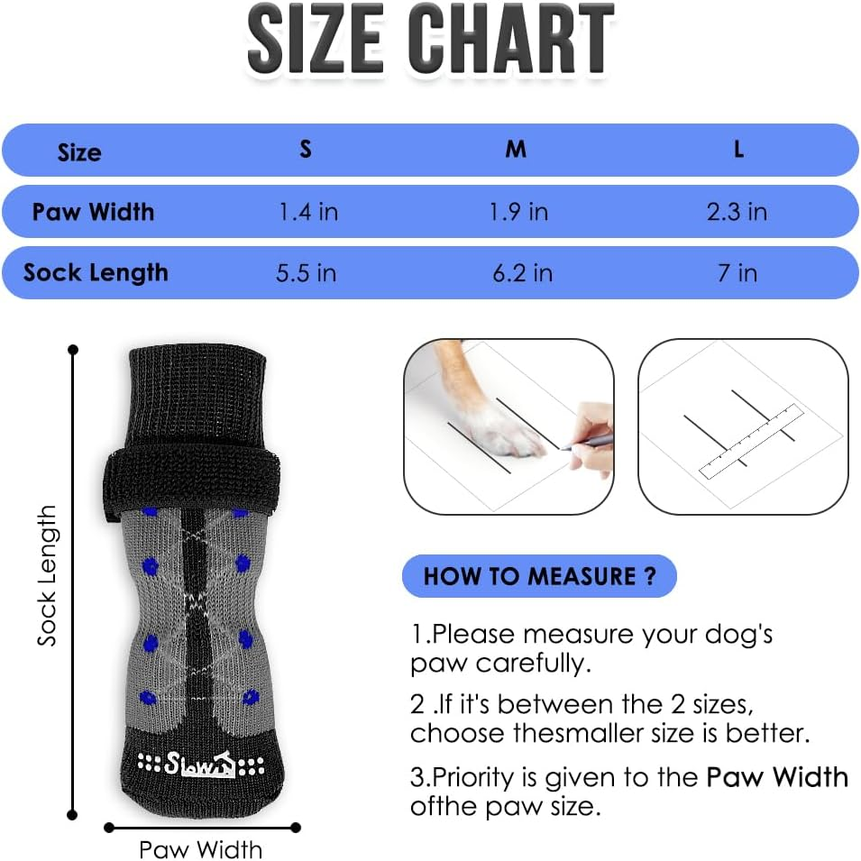 Slowton Dog Socks - Anti-Slip Pet Paw Protector for Hot Pavement Hardwood Floors - Adjustable Dog Grippers for Puppy Small Medium Large Senior Dogs to Prevent Licking Wounds Paws