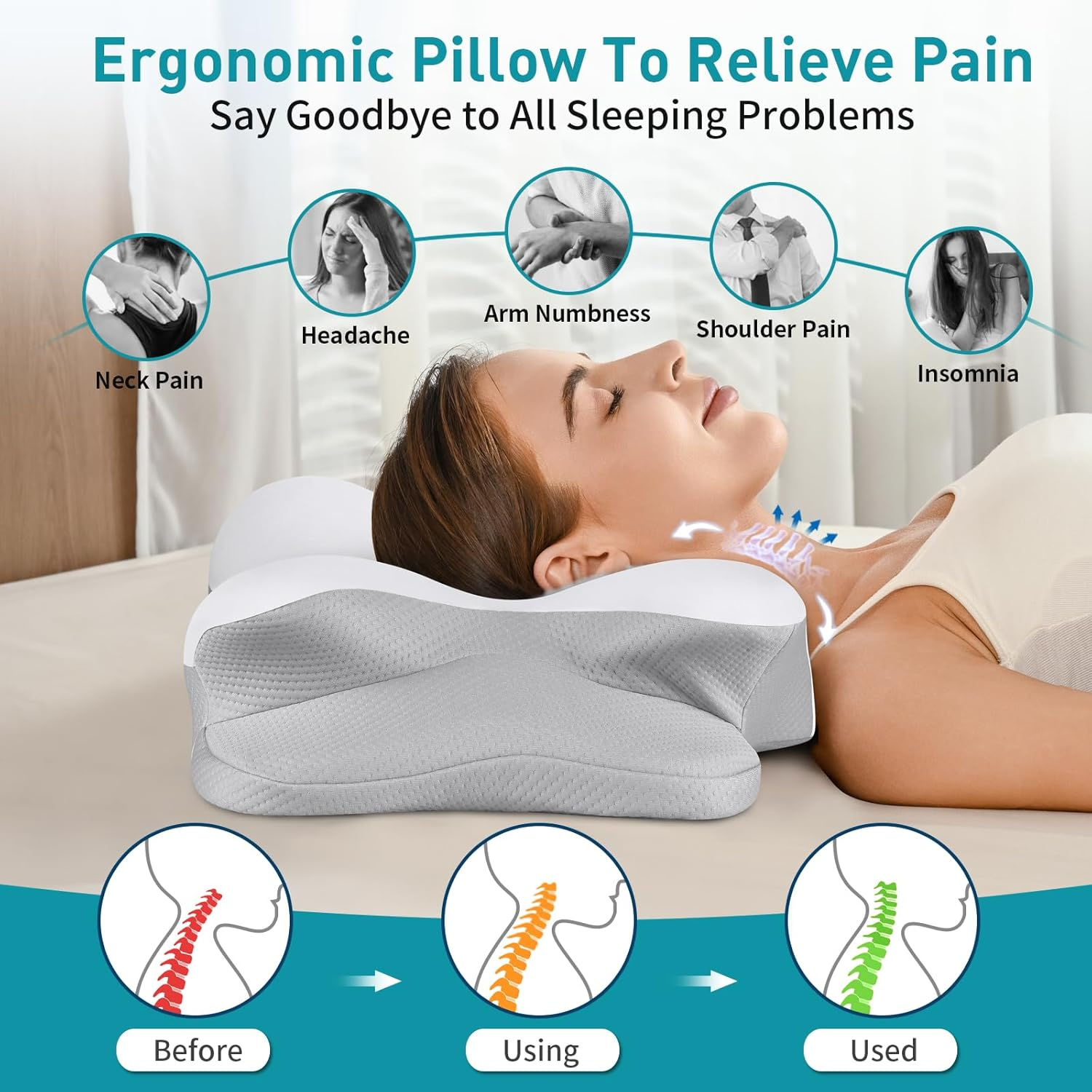 Cervical Neck Pillow for Pain Relief - Ergonomic Side Sleeper Pillow for Neck Support, Cooling Memory Foam Pillows for Sleeping, Contour Pillow Orthopedic Bed Pillow for Back Stomach Sleepers image number 5
