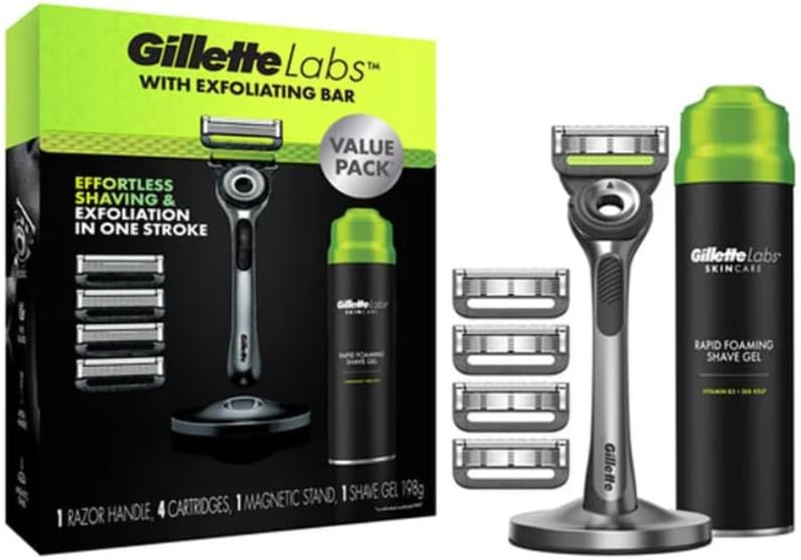 Gillette Labs Exfoliating Razor with Magnetic Stand + 4 Blade Refills + Shaving Gel image number 1