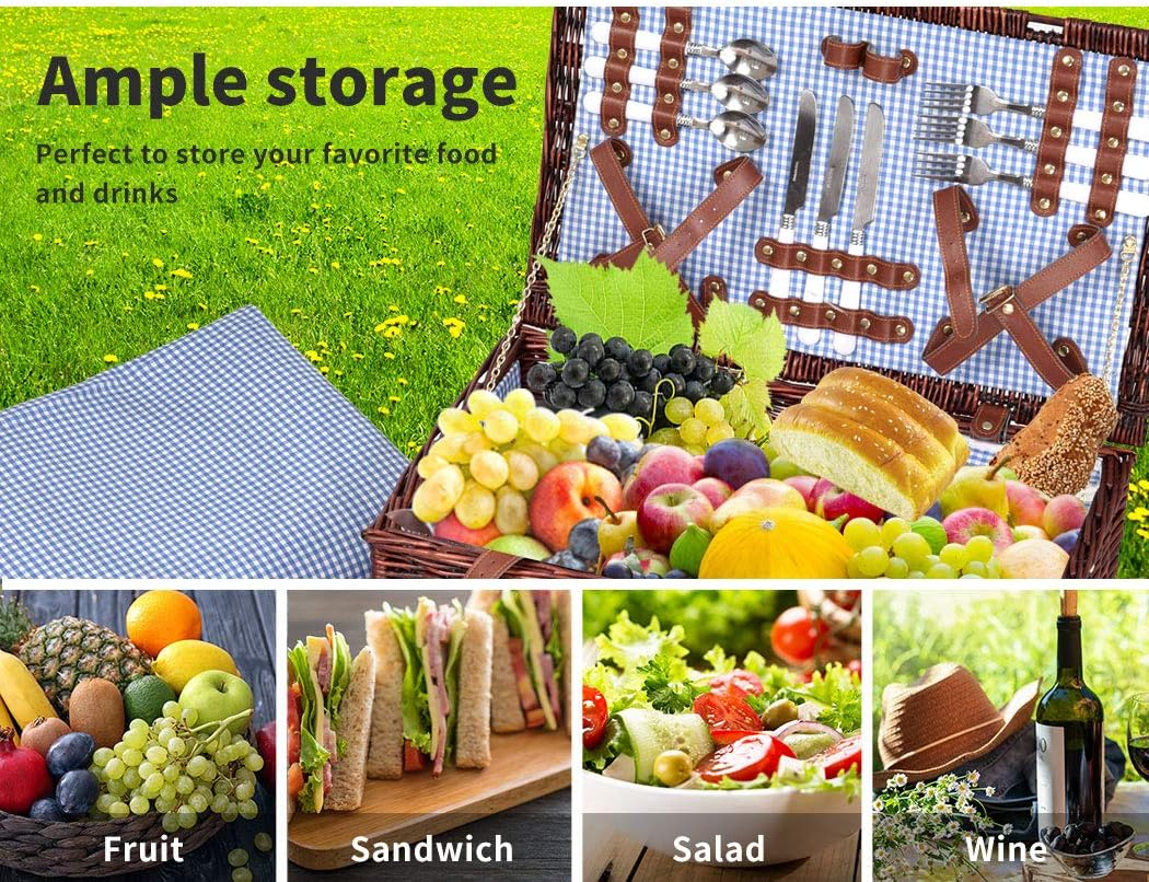 4 Person Picnic Basket Set Baskets Insulated Bag Outdoor Blanket Camping Beach Deluxe Willow Wicker Gift Storage Travel 54Cm X 20Cm X 34Cm image number 3