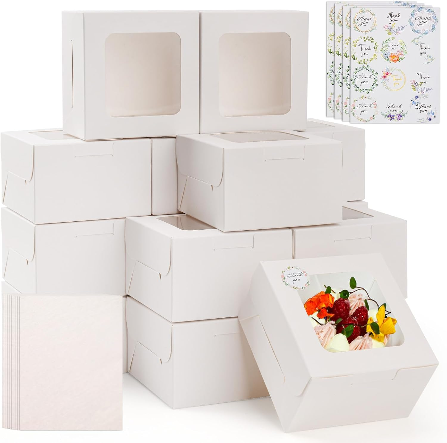 50Pcs White Bakery Boxes with Baking Paper for Convenient Wrapping, 4X4X2.5Inches, Sturdy & Adorable Pastry Gift Box with Window for Mini Desserts, Small Treats, Cookies and Party Favor Box. image number 5