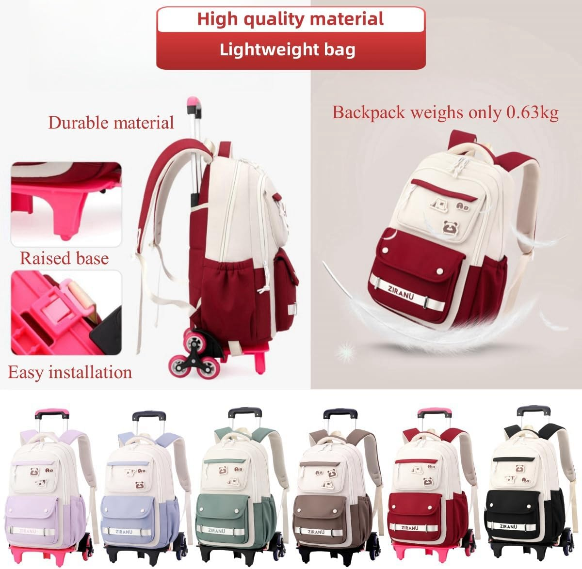 EKUIZAI Trolley Backpack for Girls Middle Kids School Bags with Wheels Rolling School Bags for Teen Girls image number 5