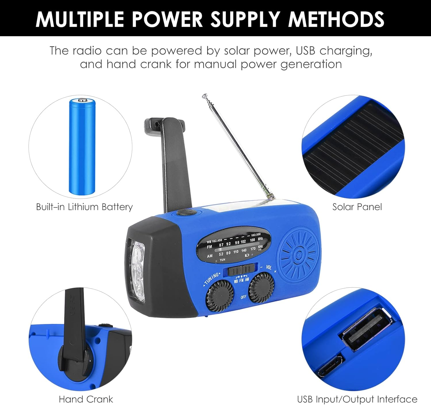 Nurdo Emergency Radio Hand Crank Solar Weather Radio AM/FM/NOAA Emergency Weather Radio Rechargeable Power Bank with Solar Charging&Hand Crank&Battery Operated LED Flashlight Cell Charger image number 6