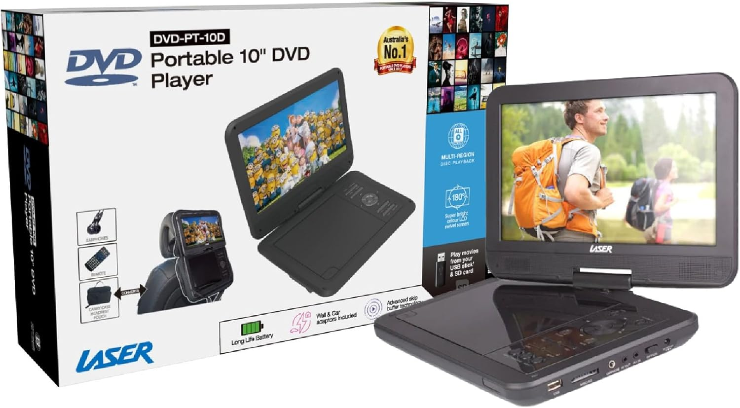 Laser 10&rdquo; Portable DVD Player with Anti-Skip Technology, Large Lithium Battery, and 180&deg; Swivel Screen for On-The-Go Entertainment image number 5