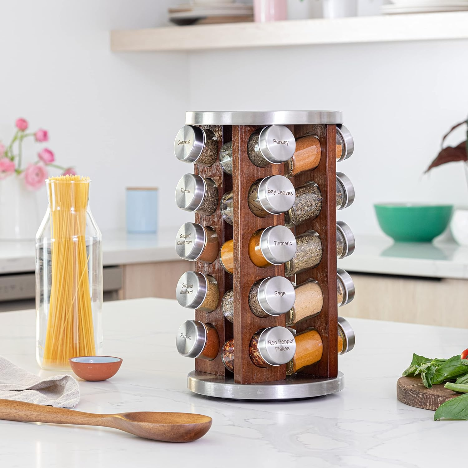 Orii 20 Jar Dark Acacia Wood Spice Rack with Spices Included - Rotating Tower Organizer for Kitchen Spices and Seasonings, Free Spice Refills for 5 Years (Dark Stained Acacia Wood) image number 5
