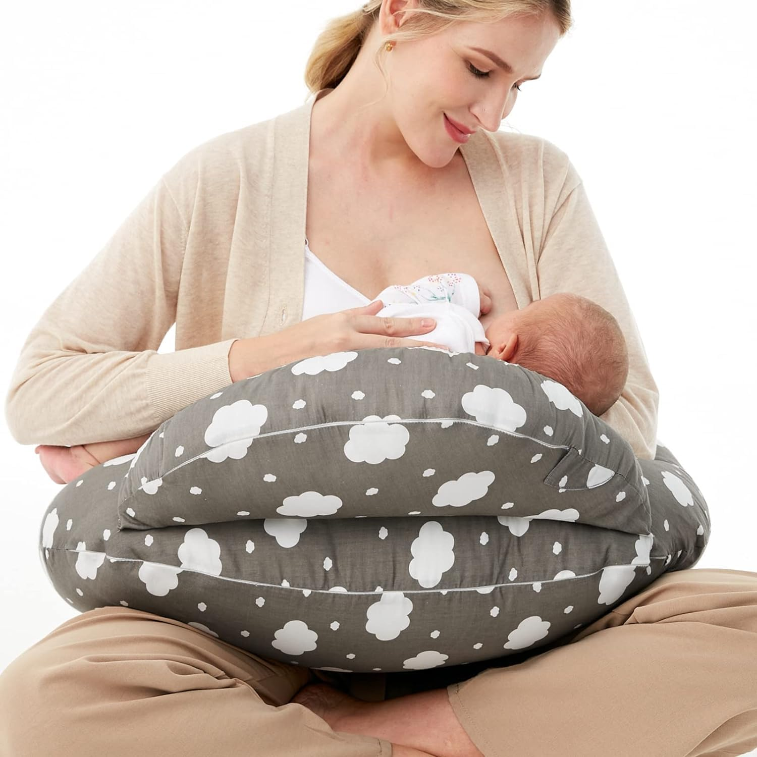 Cozioz Breastfeeding Support Pillow: Original Plus-Size Nursing Pillow for Enhanced Comfort and Support for Mom, Featuring Adjustable Waist Strap and Detachable Cotton Cover, Grey