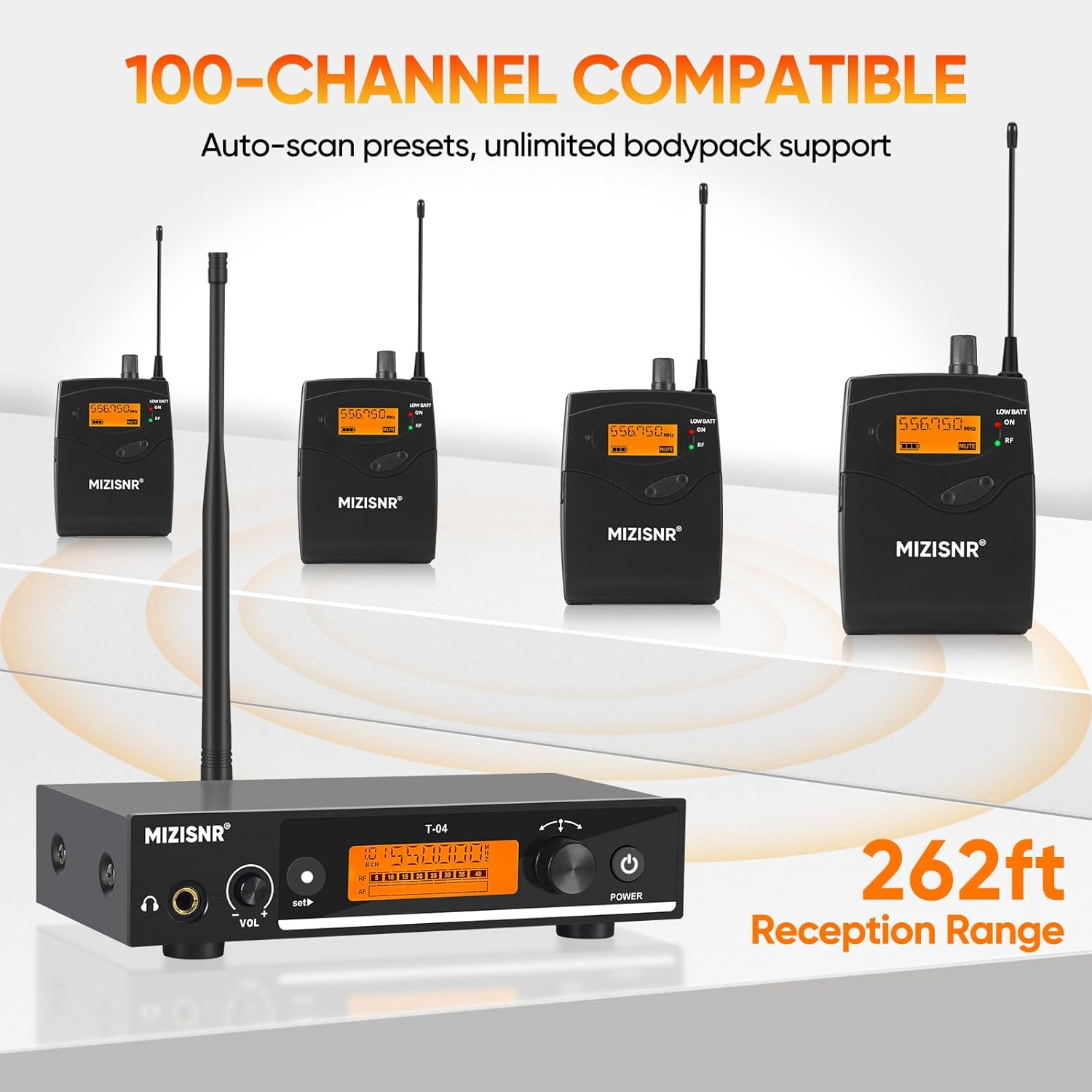 Wireless in Ear Monitor System, Pro UHF Mono IEM System with Metal Transmitter, 4 Bodypack Receivers W/Monitor Earphones, 100 Frequencies, Rack Mount, 262Ft Operation for Bands Stage Studio image number 4