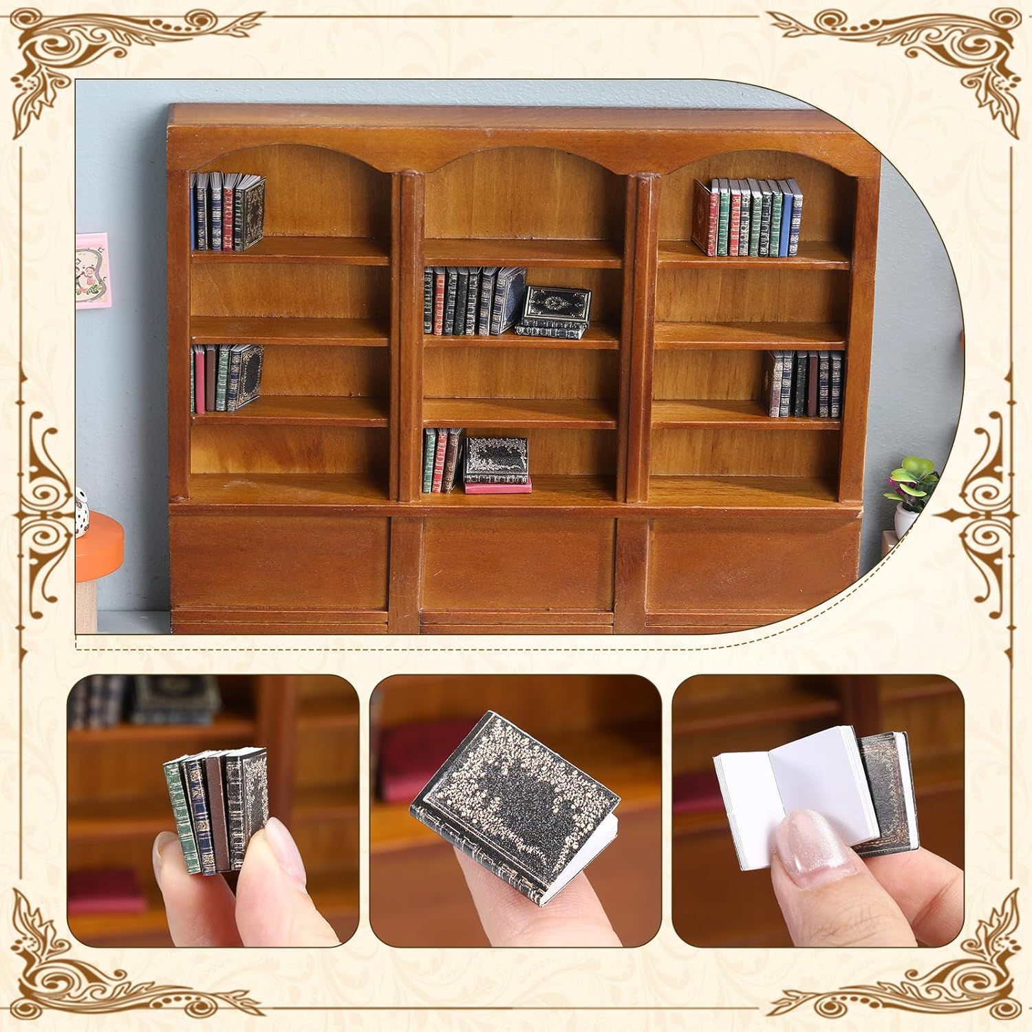 1: 12 Scale Dollhouse Miniature Wooden Bookshelf with 48 Pcs Miniatures Books, Mini Bookcase Tiny Books for Dollhouse Mini Library Decoration Furniture Accessories (4 Layers) image number 2