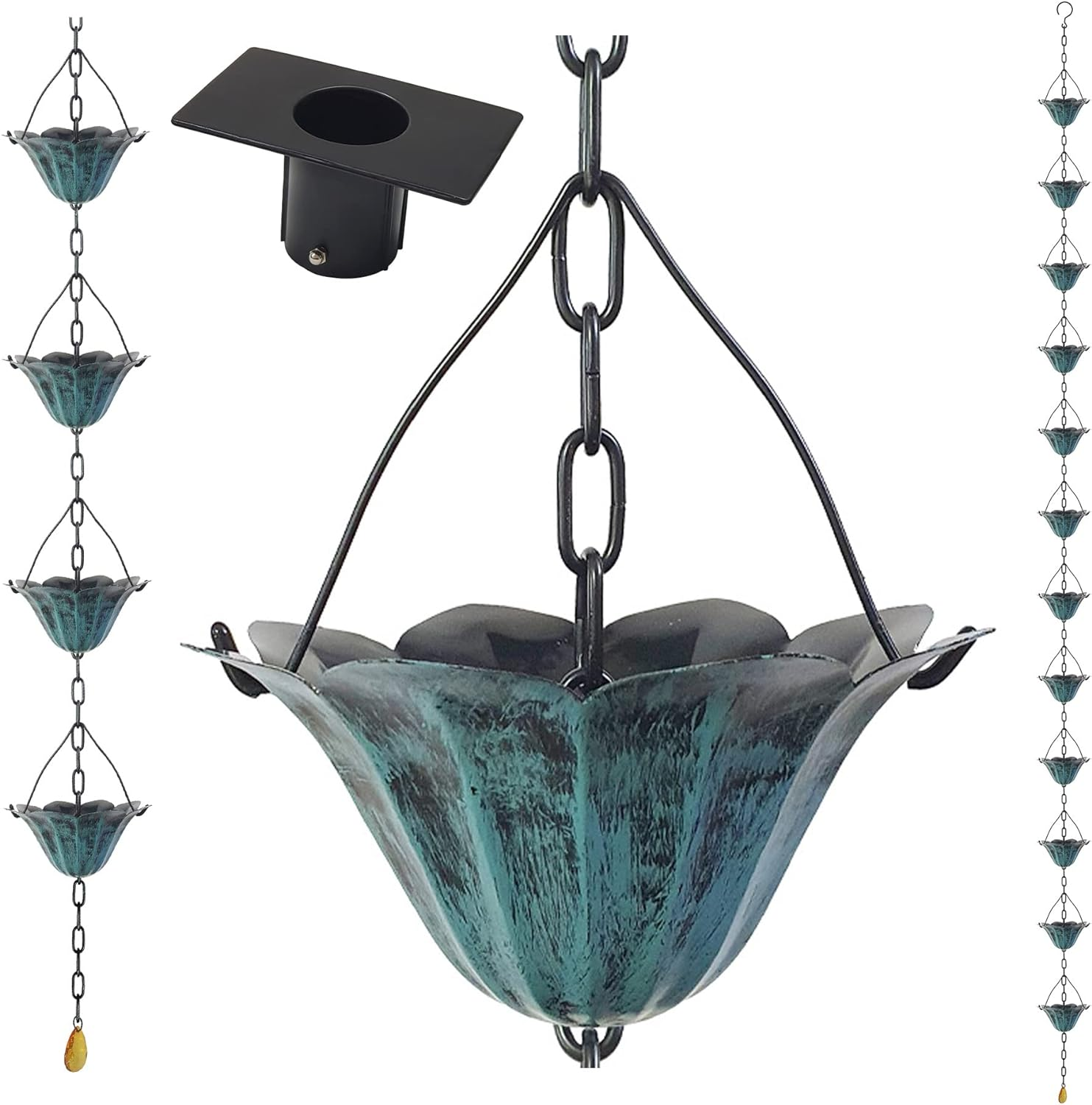 8.5FT Lotus Copper Colored Iron Rain Chains for Gutter and Rain Barrel, Rust-Resistant Plated Garden D&eacute;cor Rain Chain for Downspout, Bonus Rain Chain Gutter Adapter