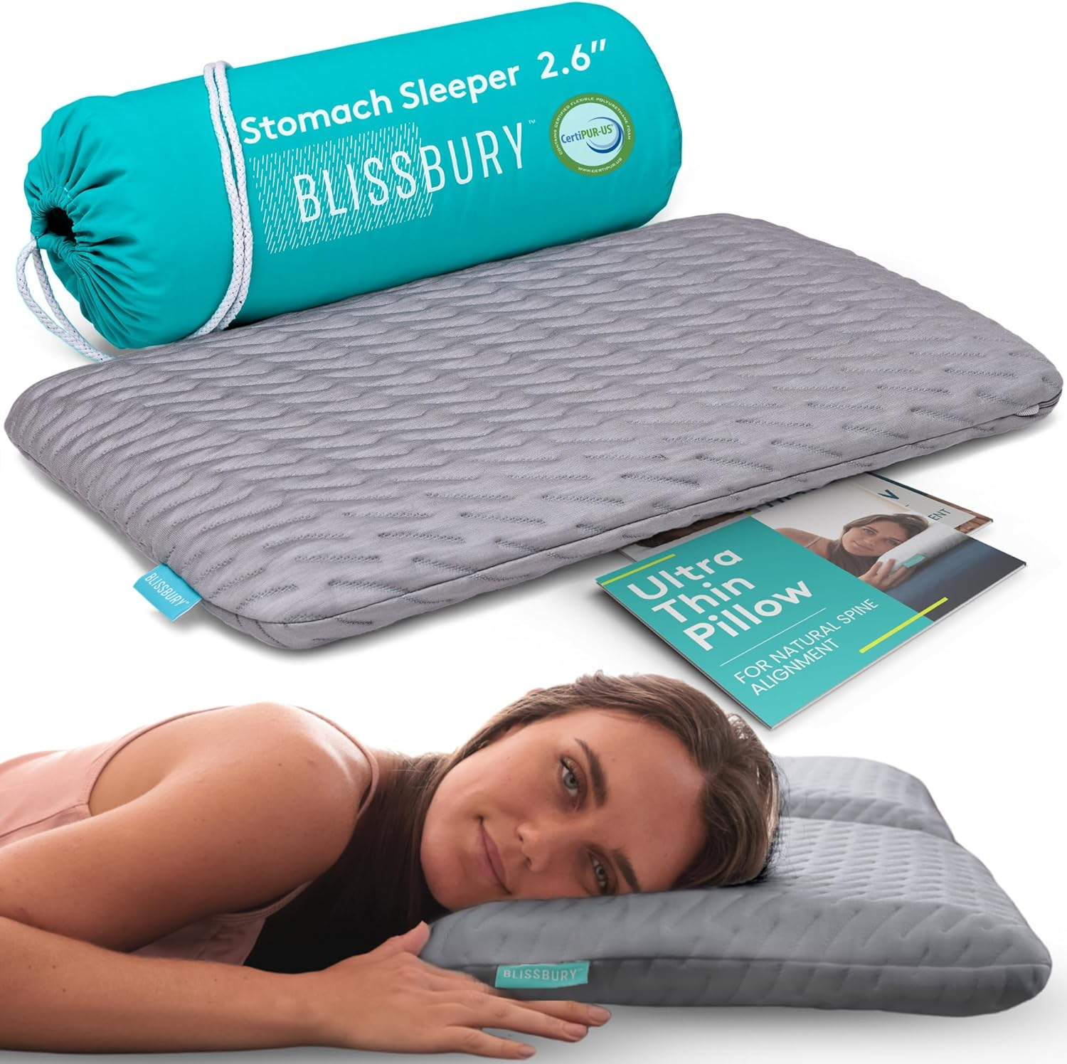 BLISSBURY 8.5Cm Super Thin Pillow for Sleeping | Premium Memory Foam Flat Pillow for Stomach Sleeper | Back & Stomach Sleeping Pillow | Certified Foam for Neck & Back Support, Removable Case