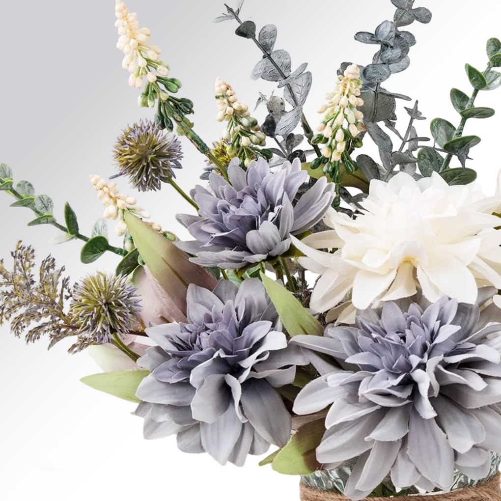 Delsol Artificial Flowers with Vase Silk Dahlia Faux Flowers Arrangement with Glass Vase Exquisite Fake Flowers Bouquet for Home Decor Decoration Table Centerpiece (Dahlia) image number 6