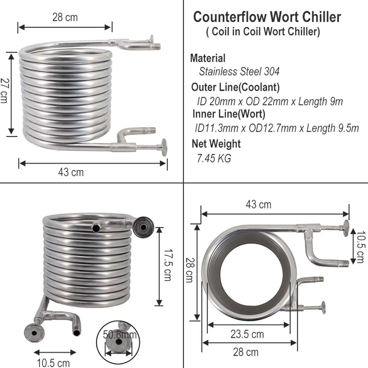 Wort Chiller, Pro Stainless Steel Counterflow, Wort Chiller 9.5M 1.5" TC 1/2" BSP Homebrew Beer & Wine Making Equipment image number 2