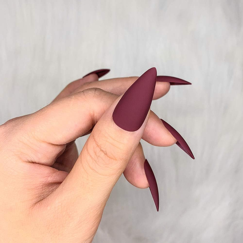 Morily 24Pcs Fake Nails Matte Pure Color Medium Long Stiletto Almond Press on Nail False Tips Artificial Finger Manicure for Women (Wine Red)