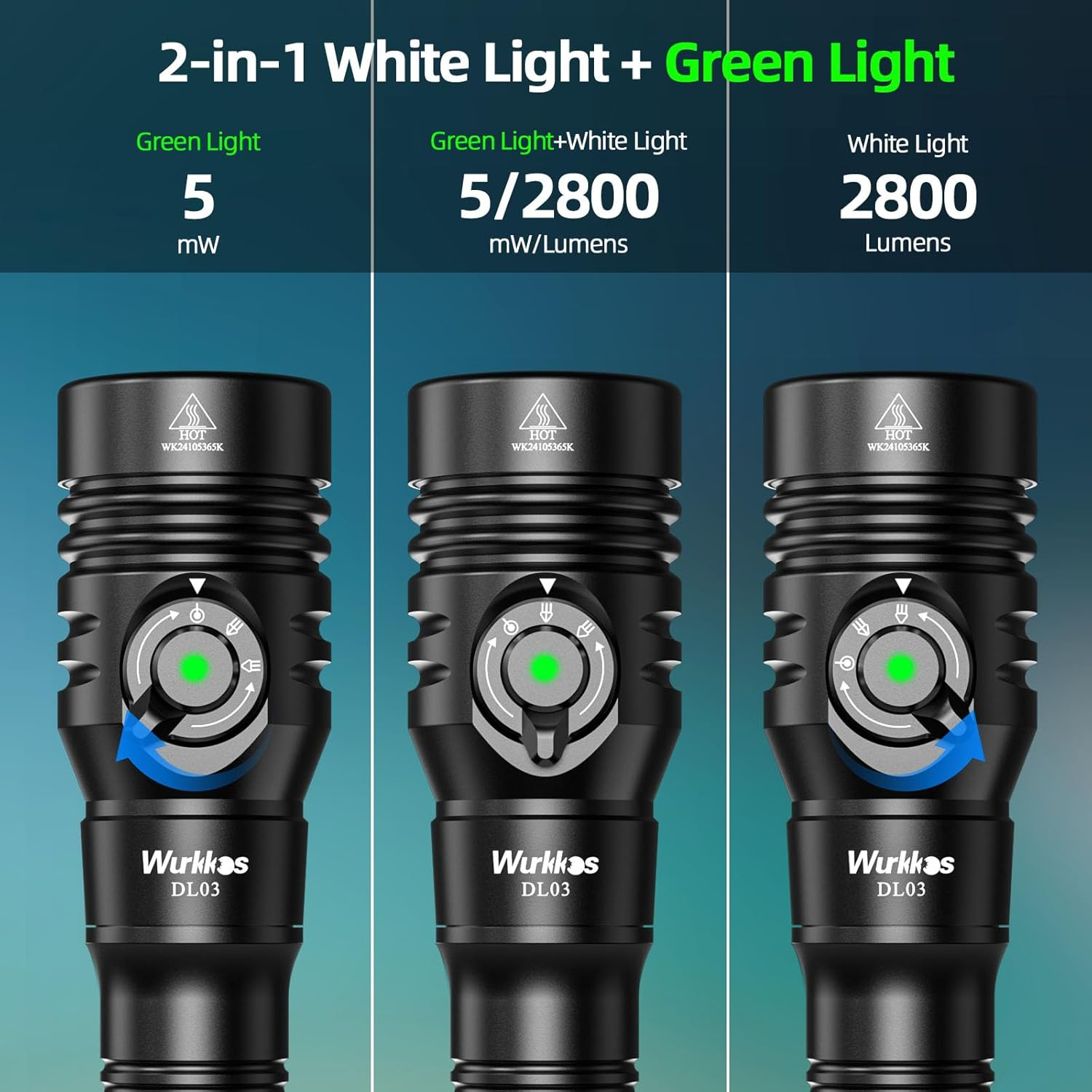 Wurkkos DL03 Dive Light 2800 Lumens 2-In-1 Scuba Diving Signal Light 1000M Green Beam and White LED Combo Underwater Flashlight,Rechargeable Flashlight IPX-8 Waterproof Submersible Flashlight image number 4