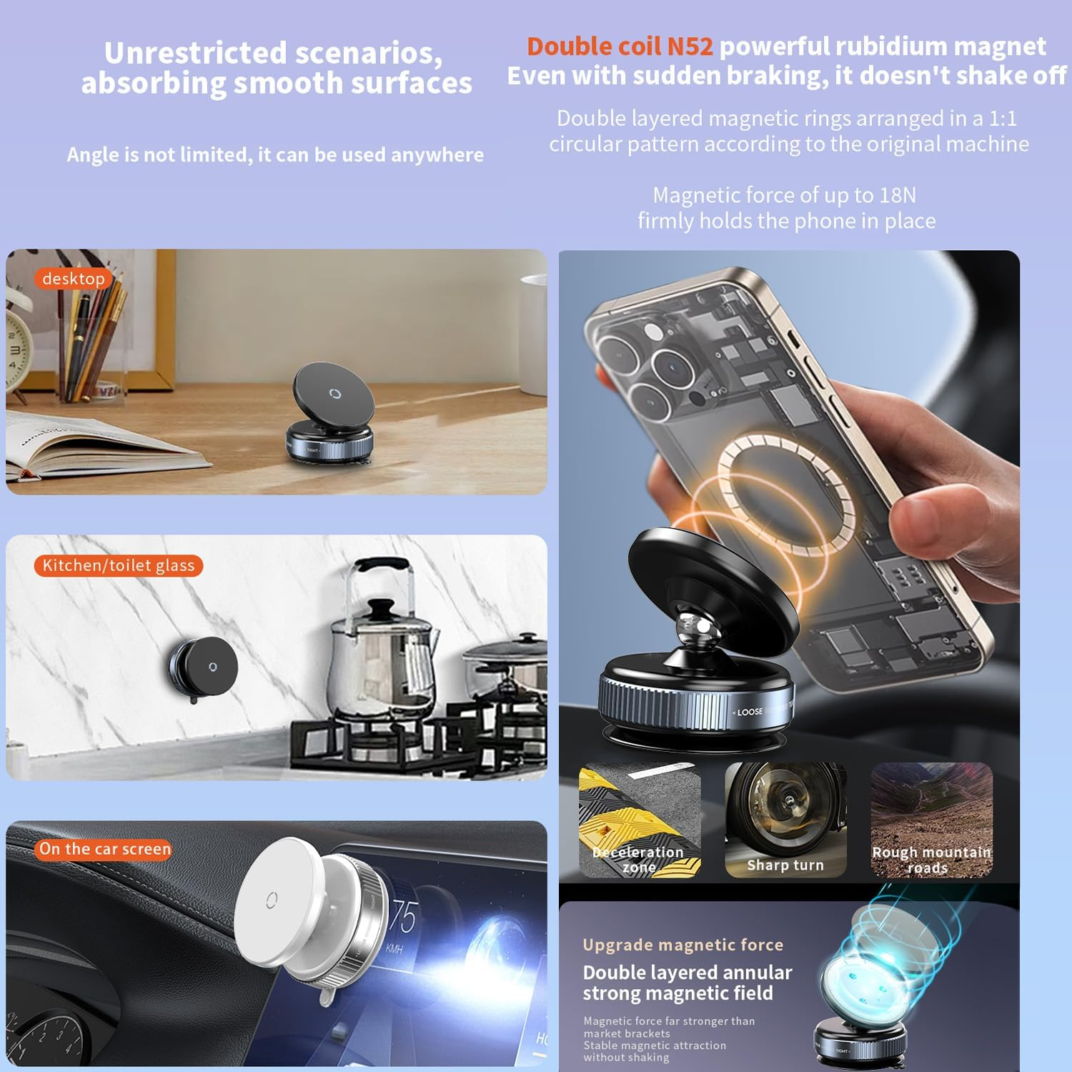 Danyee Swivel Locking Mechanical Vacuum Magnetic Car Suction Phone Holder, 360&deg; Adjustable Magnetic Suction Cup Phone Mount for Mirror/Wall/Gym, Compatible with Iphone & Android (Black) image number 2