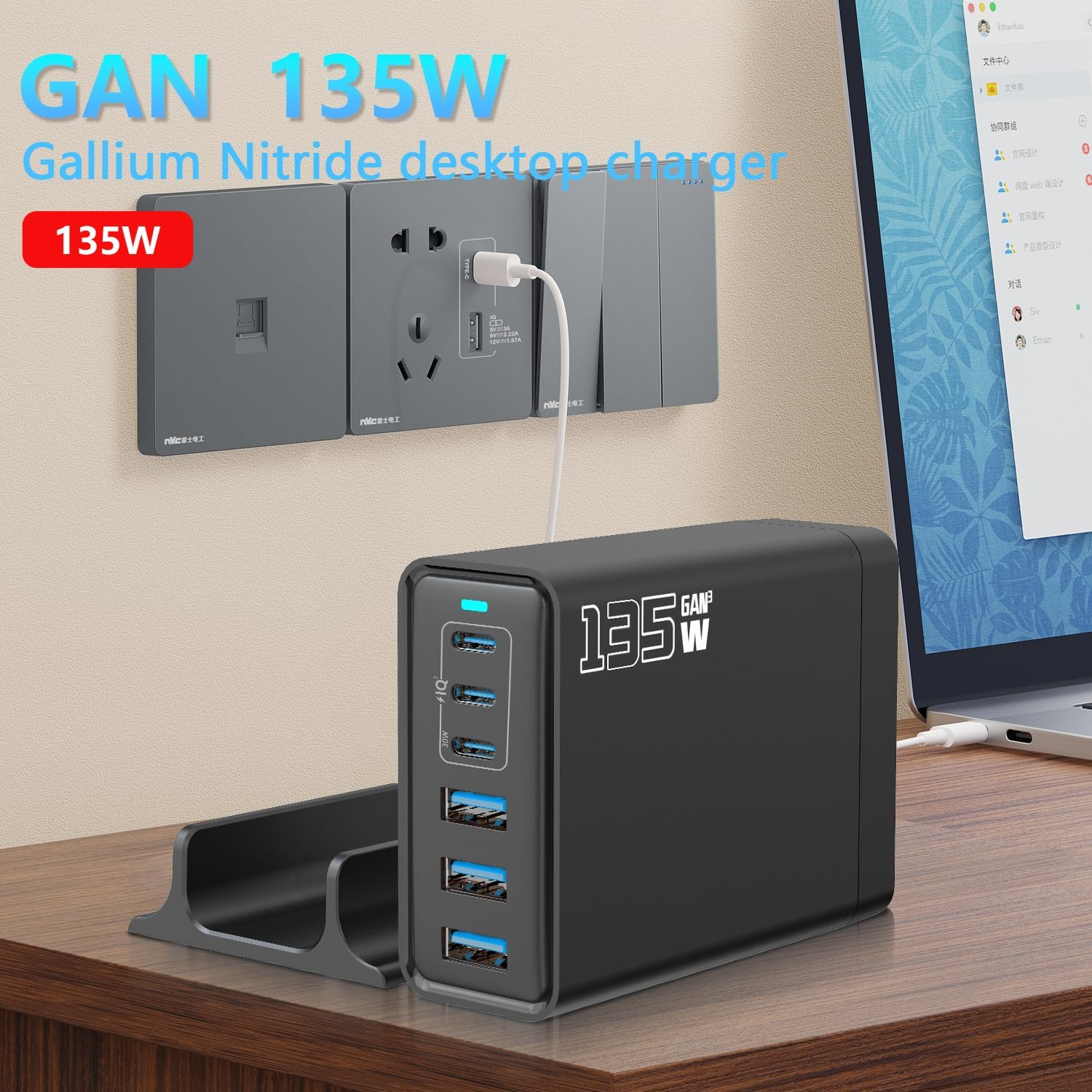 USB-C Fast Charger, 135W Portable Gan 6-Ports Charging Station, PD 20W Charging Block, Multi Port Charer Hub Suitable for Laptops, Iphone,Ipad, Samsung, Google, Xiaomi, Huawei and Other USB Devices image number 1