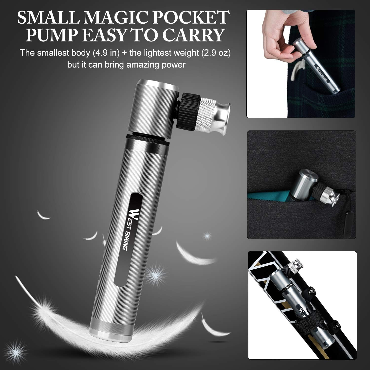 Mini Bike Pump - Fits Presta & Schrader- 160 PSI - Includes Mount Kit -Compact & Light - Bicycle Tire Pump for Road,Mountain and BMX Bikes image number 4